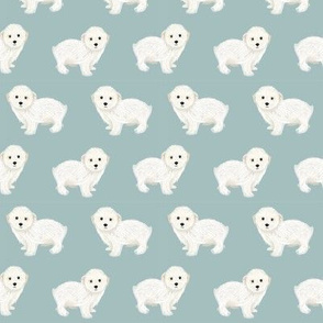 maltipoo dog fabric - cute white dog fabric, toy dog fabric, dog breeds fabric - blue