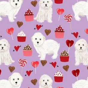 maltipoo valentines day fabric - cute white dog fabric, valentines day fabric, dog fabric, pet fabric cute dog -  purple