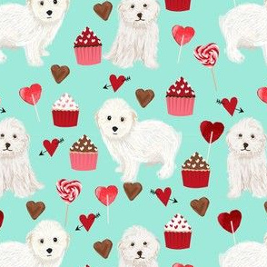 maltipoo valentines day fabric - cute white dog fabric, valentines day fabric, dog fabric, pet fabric cute dog -  mint