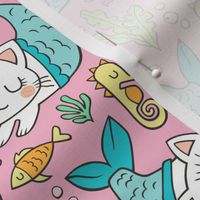 Purrmaids Cats Mermaids  Sea Doodle Blue on Pink