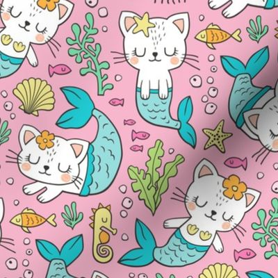 Purrmaids Cats Mermaids  Sea Doodle Blue on Pink