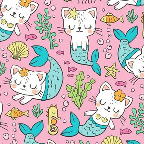 Purrmaids Cats Mermaids  Sea Doodle Blue on Pink