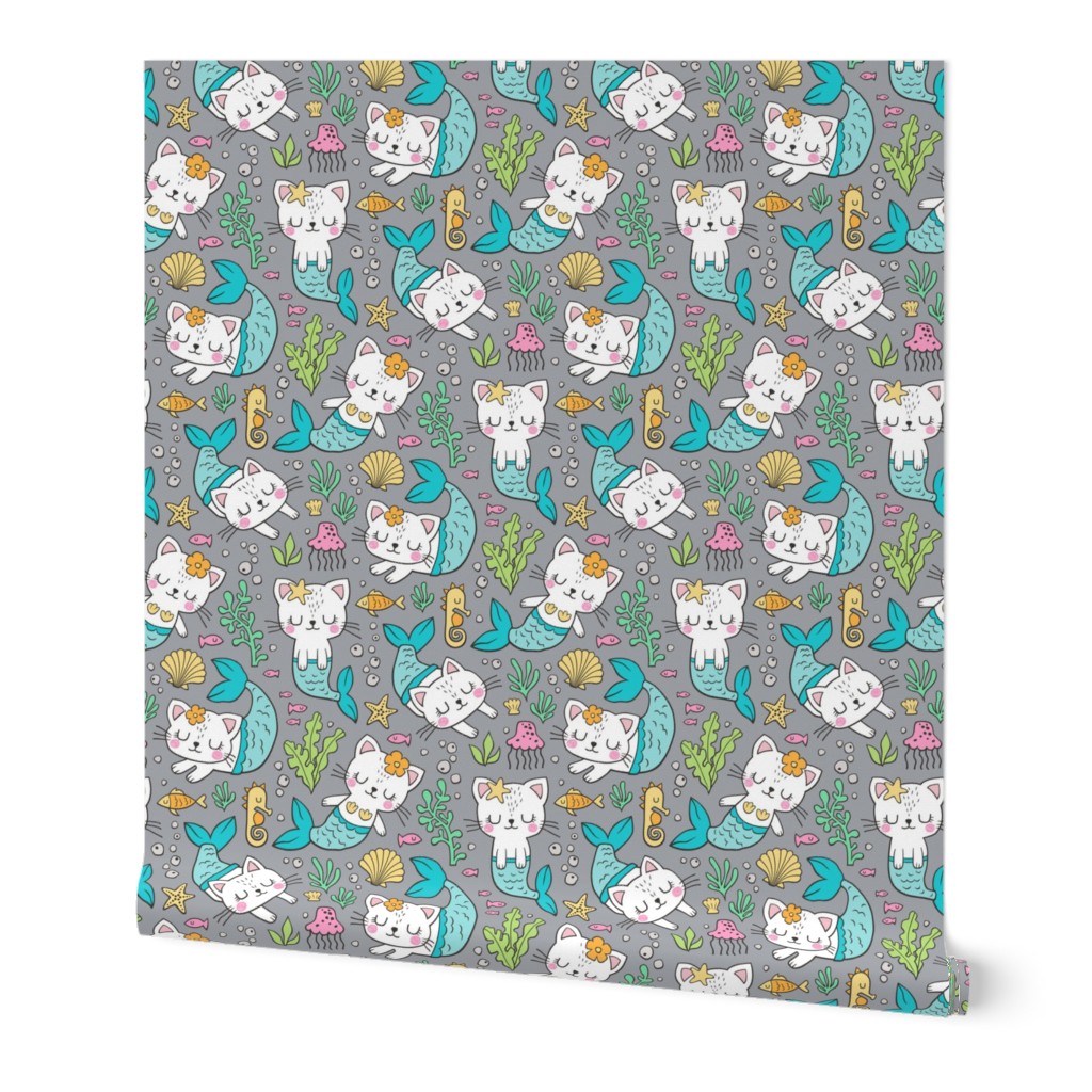 Purrmaids Cats Mermaids  Sea Doodle Blue on Grey