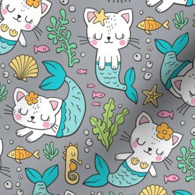 Purrmaids Cats Mermaids  Sea Doodle Blue on Grey