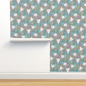 Purrmaids Cats Mermaids  Sea Doodle Blue on Grey