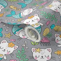 Purrmaids Cats Mermaids  Sea Doodle Blue on Grey