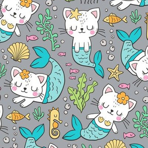 Purrmaids Cats Mermaids  Sea Doodle Blue on Grey