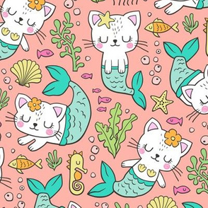 Purrmaids Cats Mermaids  Sea Doodle on Peach