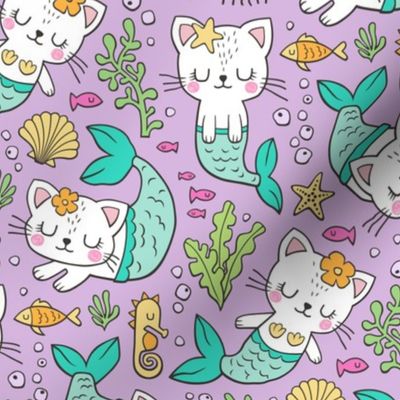 Purrmaids Cats Mermaids  Sea Doodle on Purple Lilac