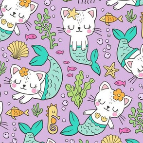 Purrmaids Cats Mermaids  Sea Doodle on Purple Lilac