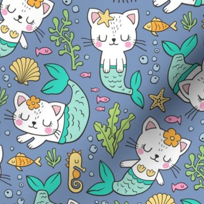 Purrmaids Cats Mermaids  Sea Doodle Mint on Dark Blue Navy
