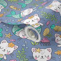 Purrmaids Cats Mermaids  Sea Doodle Mint on Dark Blue Navy