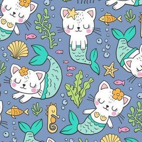 Purrmaids Cats Mermaids  Sea Doodle Mint on Dark Blue Navy