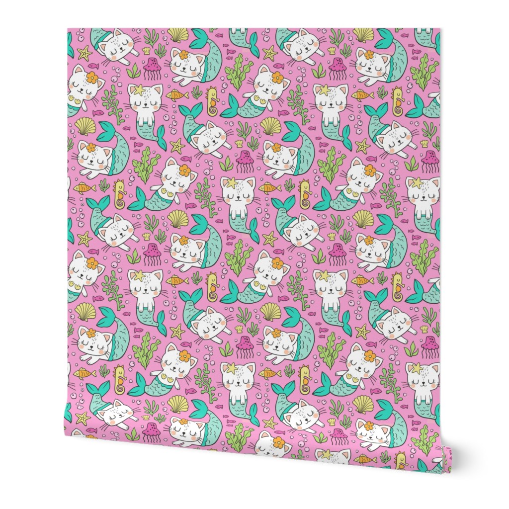 Purrmaids Cats Mermaids  Sea Doodle Mint on Magenta Pink