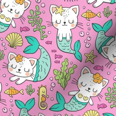 Purrmaids Cats Mermaids  Sea Doodle Mint on Magenta Pink