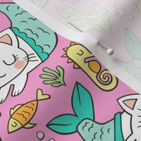 Purrmaids Cats Mermaids  Sea Doodle Mint on Magenta Pink