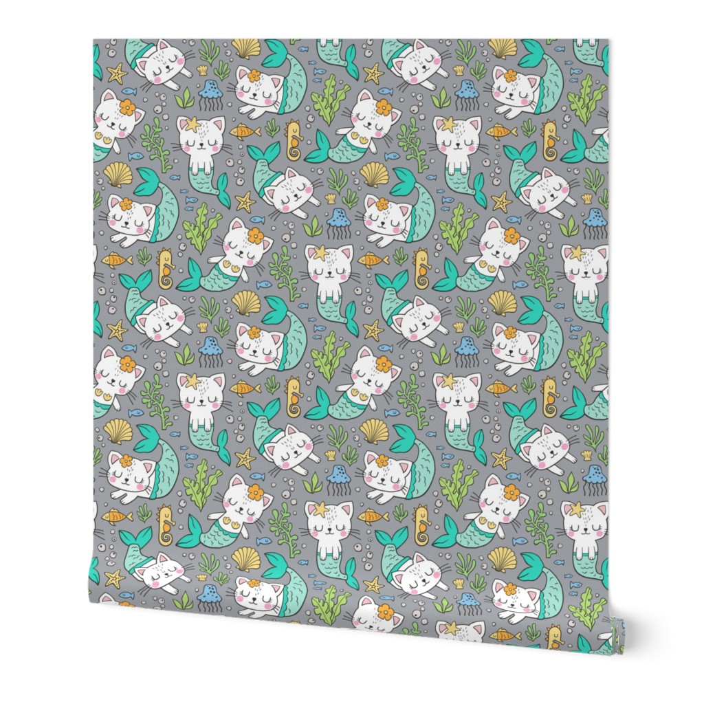 Purrmaids Cats Mermaids  Sea Doodle Mint on Grey