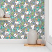 Purrmaids Cats Mermaids  Sea Doodle Mint on Grey