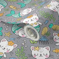 Purrmaids Cats Mermaids  Sea Doodle Mint on Grey