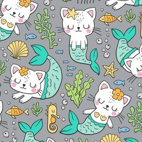Purrmaids Cats Mermaids  Sea Doodle Mint on Grey