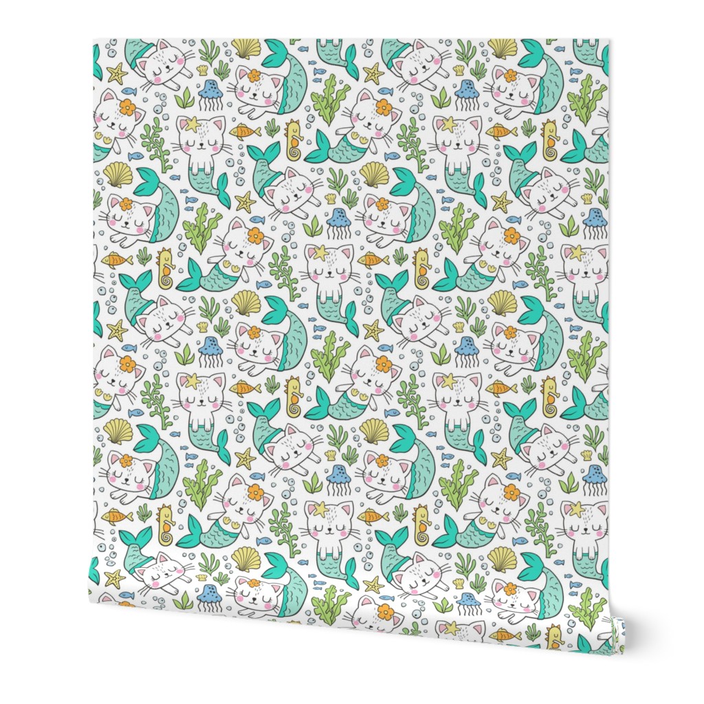 Purrmaids Cats Mermaids  Sea Doodle Mint on White