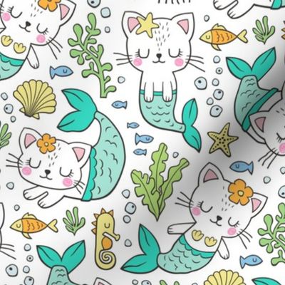 Purrmaids Cats Mermaids  Sea Doodle Mint on White