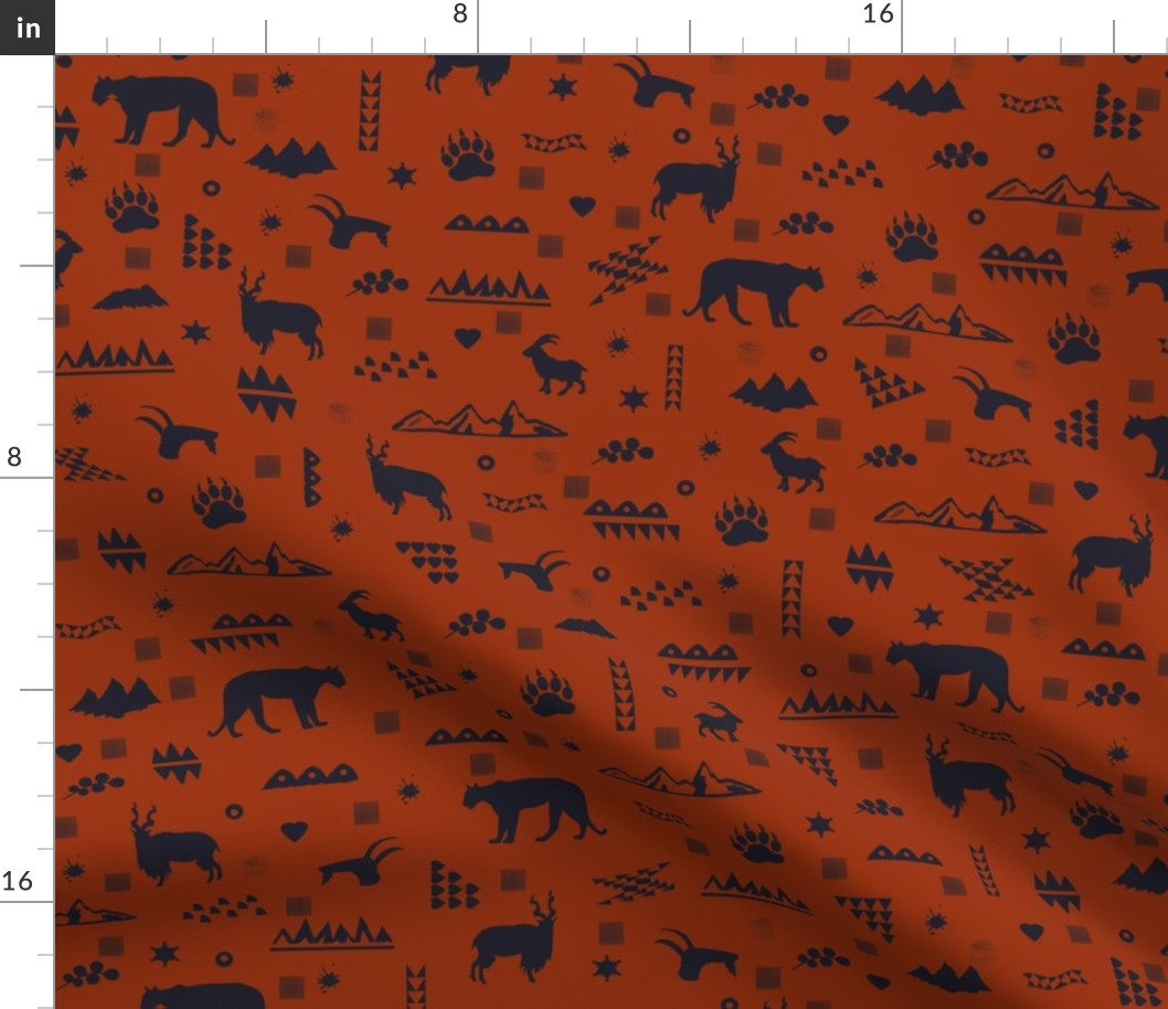 mountain's animals in red and dark gray