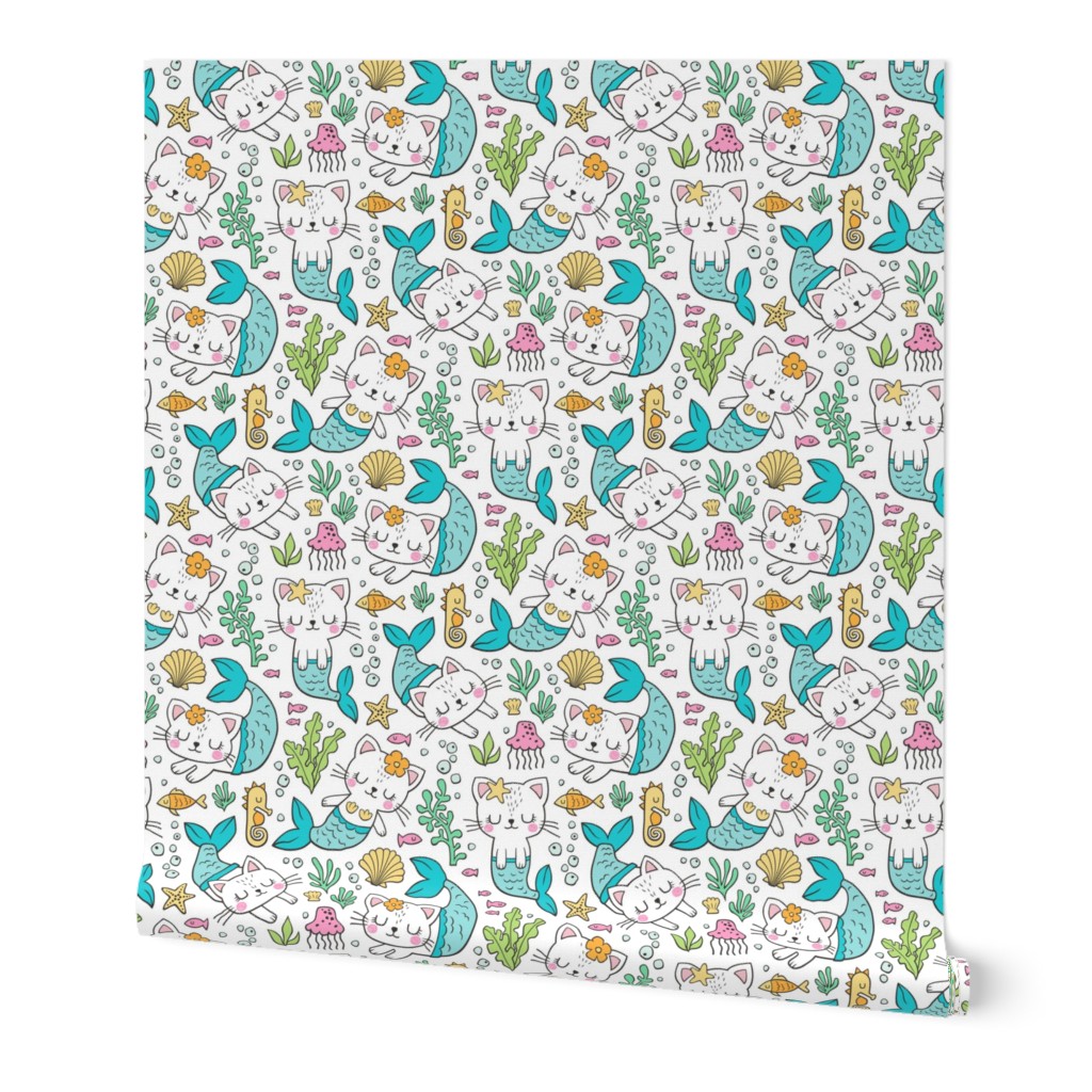 Purrmaids Cats Mermaids  Sea Doodle Blue on White