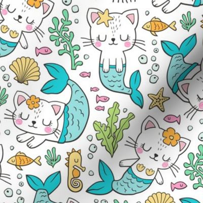 Purrmaids Cats Mermaids  Sea Doodle Blue on White