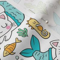 Purrmaids Cats Mermaids  Sea Doodle Blue on White