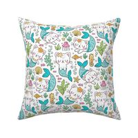 Purrmaids Cats Mermaids  Sea Doodle Blue on White