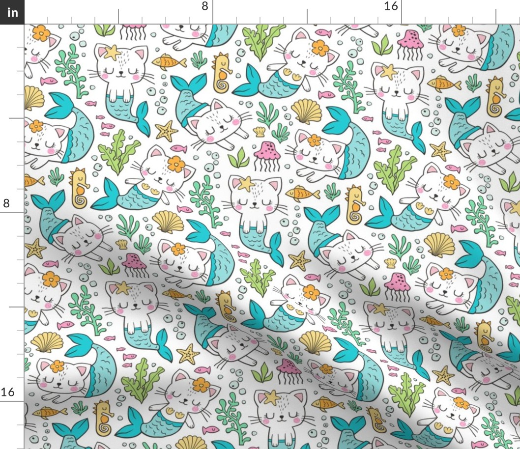 Purrmaids Cats Mermaids  Sea Doodle Blue on White