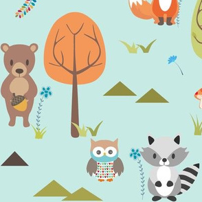 Cute Woodland Animals on Blue - LARGE Scale