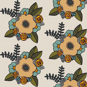 Retro floral cluster in blue and peach