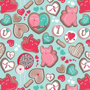 Valentine Sweetness  // small scale // aqua background aqua pink and red cats and candy