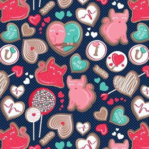 Valentine Sweetness  // small scale // navy blue background aqua pink and red cats and candy