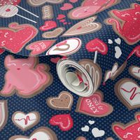 Valentine Sweetness  // small scale // navy blue background pink and red cats and candy