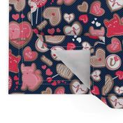 Valentine Sweetness  // small scale // navy blue background pink and red cats and candy