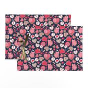 Valentine Sweetness  // small scale // navy blue background pink and red cats and candy