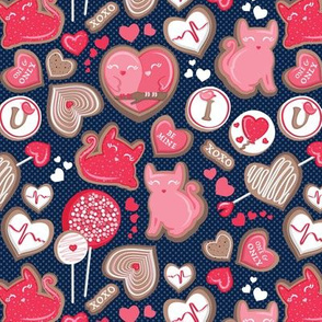 Valentine Sweetness  // small scale // navy blue background pink and red cats and candy