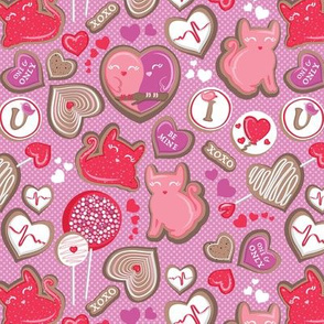 Valentine Sweetness  // small scale // purple pink background purple pink and red cats and candy