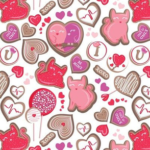 Valentine Sweetness  // small scale // white background purple pink and red cats and candy