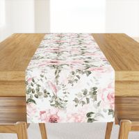 18" Lush nostalgic greenery and florals - blush light pink flower rose double on white