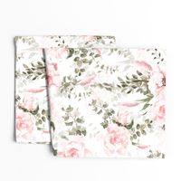 18" Lush nostalgic greenery and florals - blush light pink flower rose double on white