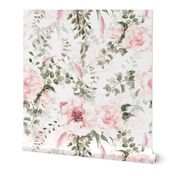 18" Lush nostalgic greenery and florals - blush light pink flower rose double on white