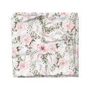 18" Lush nostalgic greenery and florals - blush light pink flower rose double on white