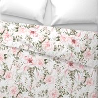 18" Lush nostalgic greenery and florals - blush light pink flower rose double on white