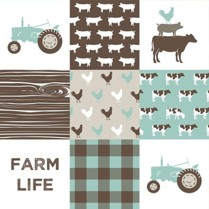 Farm Life Wholecloth - Farm themed patchwork fabric - cows, pigs, roosters - dark mint and brown C18BS 