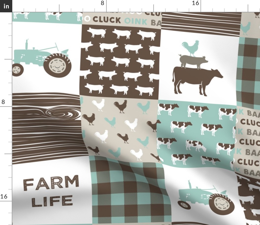 Farm Life Wholecloth - Farm themed patchwork fabric - cows, pigs, roosters - dark mint and brown C18BS 