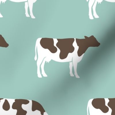 (large scale) cows on dark mint - farm fabric C18BS